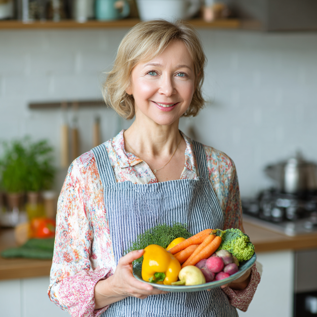 Smiling middle-aged Ukrainian woman preparing a colorful, balanced meal in a bright kitchen, surrounded by fresh vegetables and healthy ingredients