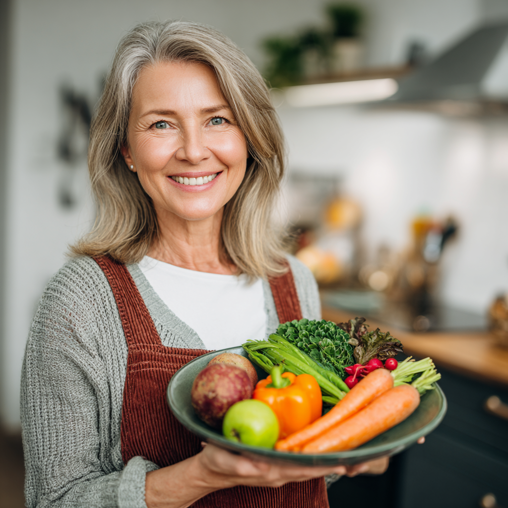 Group of smiling Ukrainian seniors of various ages sitting around a table sharing a healthy meal together, enjoying conversation and nutritious food in a warm, welcoming environment